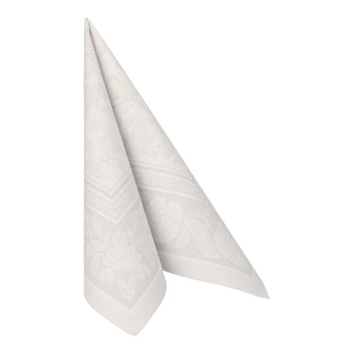 Um único guardanapo branco da PAPSTAR 50 guardanapos "ROYAL Collection" (1/4-dobra, 40 x 40 cm) da PAPSTAR GmbH está dobrado em forma de triângulo em pé com um padrão discreto, mostrado contra um fundo branco simples.