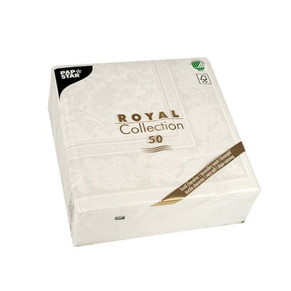 Uma embalagem quadrada branca com a inscrição "PAPSTAR 50 guardanapos ROYAL Collection" é adornada com um padrão floral discreto e contém 50 guardanapos brancos (1/4-dobra, 40x40 cm). No canto superior esquerdo, há uma pequena etiqueta preta da PAPSTAR GmbH em letras brancas.