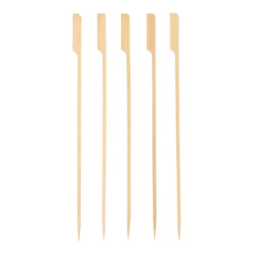 Cinco PAPSTAR espetos de grelha "puros" de madeira (25 cm) da PAPSTAR GmbH com cabeça plana, chanfrada e ponta afiada estão lado a lado sobre fundo branco. Ideal para churrascos e festas de grelhados, disponível em bandeja de papelão (150 peças).