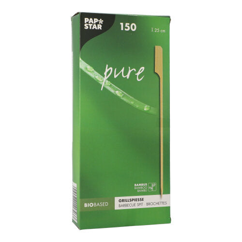 A caixa verde da PAPSTAR GmbH contém 150 espetos de grelha "puros" (25 cm) de bambu, ideal para churrascos e festas de grelhados. A frente mostra um espeto de grelha e destaca a qualidade bio-baseada e amiga do ambiente.