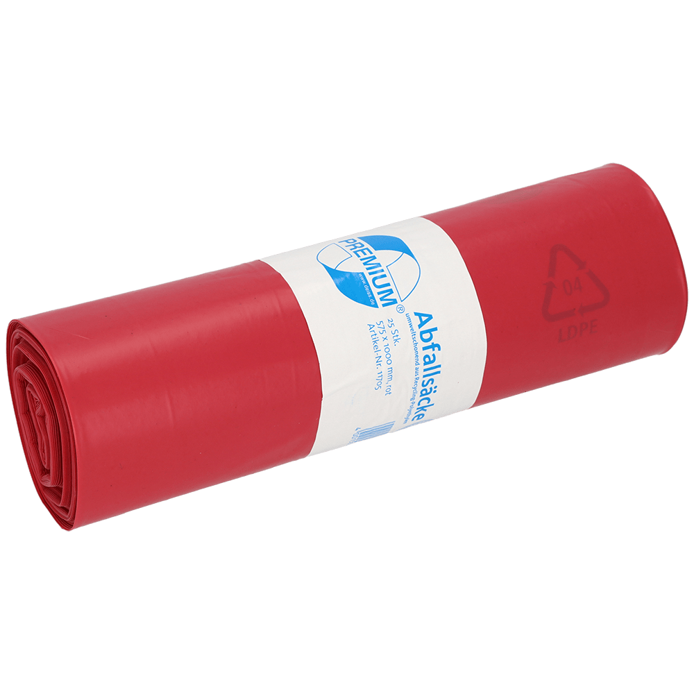 Um rolo de sacos de lixo de plástico vermelho da EMIL DEISS KG (GmbH + Co.), DEISS 11705 - 575x1000 mm Tipo 60, vem com uma etiqueta branca e azul com texto, informações de reciclagem e o nome do produto; contém 25 sacos por rolo.