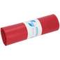 Um rolo de sacos de lixo de plástico vermelho da EMIL DEISS KG (GmbH + Co.), DEISS 11705 - 575x1000 mm Tipo 60, vem com uma etiqueta branca e azul com texto, informações de reciclagem e o nome do produto; contém 25 sacos por rolo.