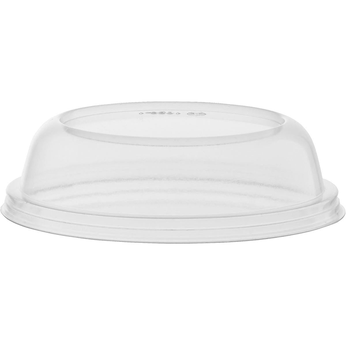 A tampa de cúpula Duni GmbH 127724 Transparente PS (embalagem de 20 peças) é mostrada de cabeça para baixo em um fundo branco. Esta tampa clara e redonda tem uma borda elevada e uma superfície lisa - ideal para embalagens alimentares versáteis.