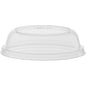A tampa de cúpula Duni GmbH 127724 Transparente PS (embalagem de 20 peças) é mostrada de cabeça para baixo em um fundo branco. Esta tampa clara e redonda tem uma borda elevada e uma superfície lisa - ideal para embalagens alimentares versáteis.