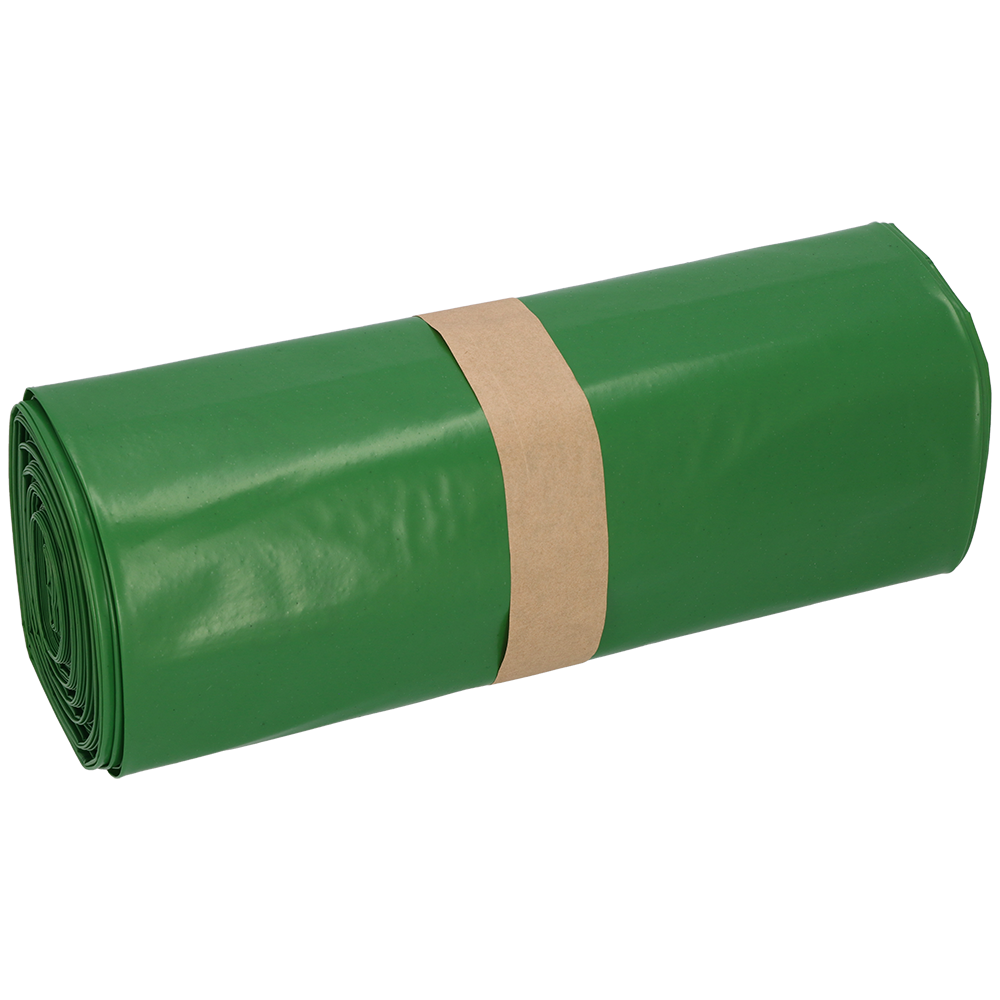 Eine fest verpackte Rolle DEISS Premium Müllsäcke (700x1100x0,1 mm, 120 Liter, grün, 25 Stück) der EMIL DEISS KG (GmbH + Co.) ist mit einer braunen Papierbanderole gesichert, ideal für die Abfallentsorgung, auf weißem Untergrund liegend.