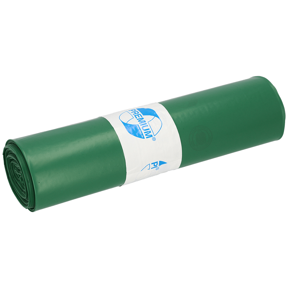 Um rolo densamente enrolado de sacos de lixo verdes (25 unidades por rolo) da EMIL DEISS KG (GmbH + Co.) DEISS 12004 - 700x1100x0,07 mm está envolto com uma etiqueta branca com texto e logotipo azuis, exibido em fundo branco.