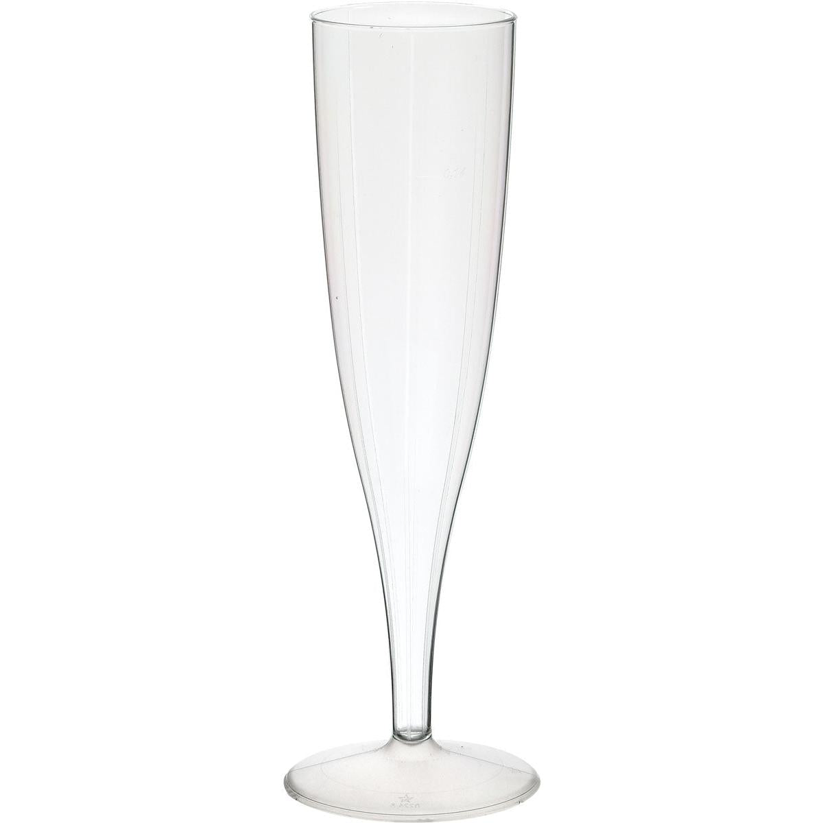 A clear Champagnerglas Transparent 135 ml von Duni GmbH aus hochwertigem PS steht mit langem Stiel und schmalem Kelch vor weißem Hintergrund und präsentiert die Eleganz des Glases, erhältlich im 10er-Pack.