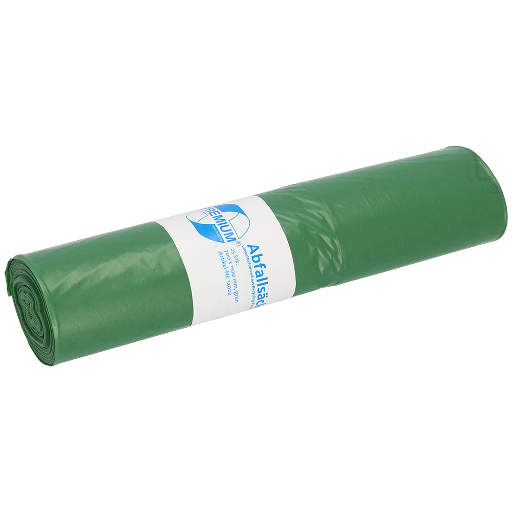 Eine Rolle grüner Müllsäcke der EMIL DEISS KG (GmbH + Co.), DEISS 12022 - 700x1100 mm Typ 60, Rolle (25 Stück), mit einem weiß-blauen Etikett in der Mitte, wird vor einem unifarbenen Hintergrund dargestellt.