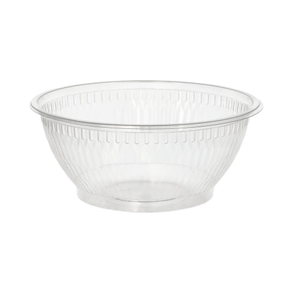As tigelas de salada Starpak 50, R-PET redondo transparente da Starpak são uma tigela de salada de plástico transparente com borda larga e laterais verticais texturizadas, feitas de R-PET ecológico, mostradas sobre um fundo branco simples.