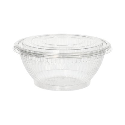 As tigelas de salada Starpak 50 são uma tigela de salada redonda e transparente feita de R-PET ecológico com ranhuras verticais discretas e tampa correspondente. A tigela Starpak vazia é mostrada sobre um fundo branco simples.