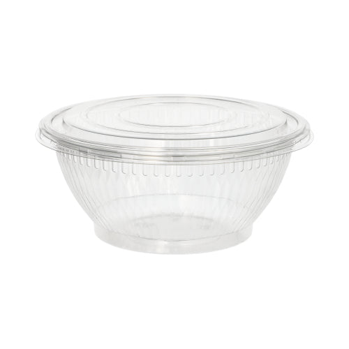 As tampas Starpak 50 para tigelas de salada são tampas transparentes e redondas de R-PET (Ø 18 cm, altura 1,5 cm) para armazenamento seguro. Elas são entregues em um pacote de 50 unidades e estão representadas em um fundo branco simples.