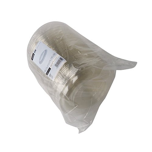 As tampas redondas Dom Starpak 50 de R-PET (Ø 15,5 cm · 2,5 cm transparente) são seladas em PET reciclado e vêm com uma etiqueta lateral branca - uma solução de embalagem ecológica.