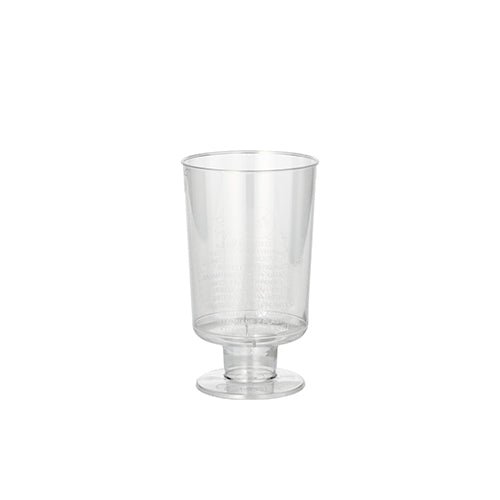 Em um fundo branco simples, está representado um conjunto de 10 copos Starpak transparentes de uma peça para vinho branco (0,1 l, Ø 5,1 cm, 8,5 cm de altura); são feitos de PS de alta qualidade e ideais para servir vinho branco.