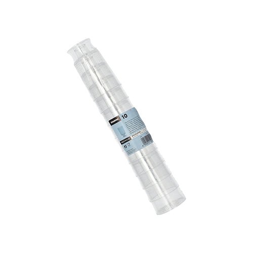 Um pacote com 10 copos Starpak com haste clara de PS para vinho branco (0,1 l, Ø 5,1 cm, 8,5 cm), individualmente, em película retrátil com um rótulo azul e branco com detalhes do produto.
