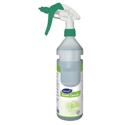 A garrafa de spray Room Care R2 Plus vazia da Diversey Deutschland GmbH & Co. OHG é uma garrafa transparente com um bico de spray verde e branco - ideal para o lar.