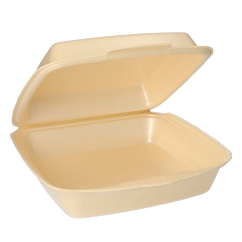 Uma caixa de menu Starpak 50 retangular bege com tampa dobrável para levar está aberta e vazia, mostrando seu interior liso com uma tampa dobrável anexada na parte de trás.