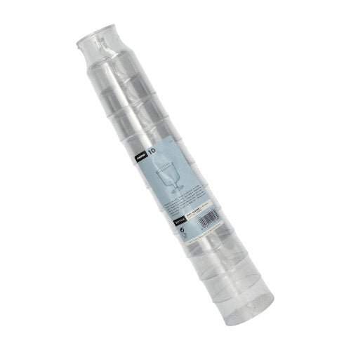 Uma pilha de dez copos de haste Starpak 0,2l para vinho tinto em poliestireno transparente (individual, Ø7,2cm, 10cm de altura) está embalada em película retrátil com rotulagem de produto azul e branca e imagem de copo de vinho.