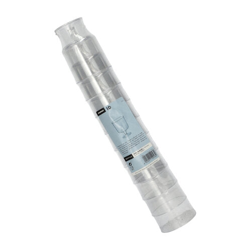Ein Stapel von zehn Starpak 0,2l Stiel-Gläsern für Rotwein aus glasklarem Polystyrol (einzeln, Ø7,2cm, 10cm hoch) ist in Schrumpffolie mit blau-weißer Produktetikettierung und Weinglas-Abbildung verpackt.