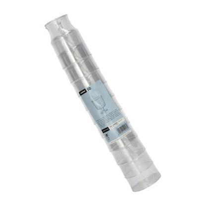 Uma pilha de dez copos de haste Starpak 0,2l para vinho tinto em poliestireno transparente (individual, Ø7,2cm, 10cm de altura) está embalada em película retrátil com rotulagem de produto azul e branca e imagem de copo de vinho.