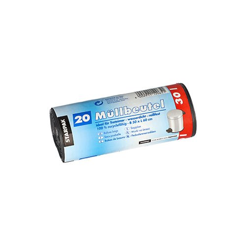 Um rolo com 20 sacos de lixo (30L, 60x50 cm, cinza) da marca Starpak em uma banderola. A etiqueta mostra uma lata de lixo e detalhes do produto. Fabricado em material LDPE resistente.