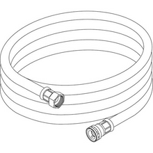 Eine schwarz-weiße Strichzeichnung des Diversey Deutschland GmbH & Co. OHG Schlauch zu J2000 mit Schnellkupplung, mit Gewindeanschlüssen an beiden Enden und einer Schnellkupplung, dargestellt aus einem leicht erhöhten Winkel.