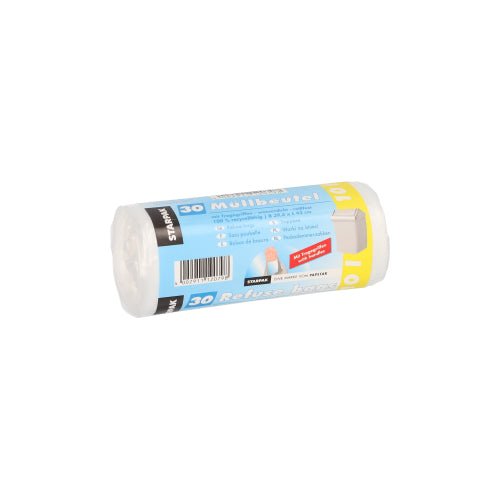 Um rolo com 30 sacos de lixo transparentes Starpak com alças (HDPE, 10 l, 42 x 39,5 cm) com embalagem de cinta, rotulado em várias línguas, ilustrado sobre um fundo branco simples.