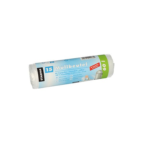 Um rolo com 15 sacos de lixo Starpak com alças, HDPE 60 l (75 cm x 65 cm), transparente, é fornecido em uma faixa com marca e informações do produto claramente visíveis.