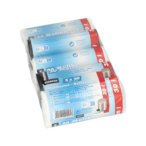 Sacos de lixo Starpak 100, HDPE, 30 l (60x50 cm), coloridos. A caixa contém 5 rolos de 20 sacos, embalados com rótulo azul-vermelho com inscrições brancas e imagens de caixotes de lixo.