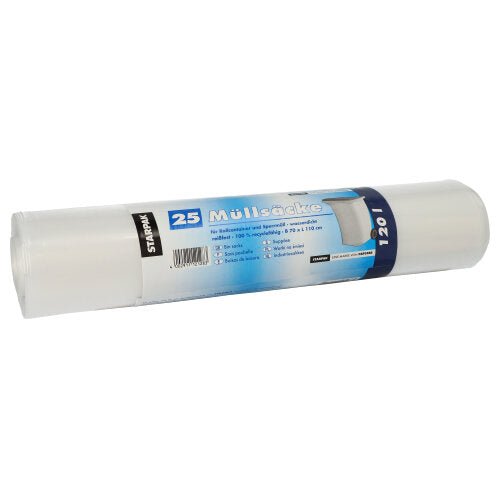 Um rolo com 25 sacos de lixo Starpak (LDPE, 120 l, 110 cm x 70 cm) está embalado em plástico transparente. A etiqueta azul e branca da Starpak mostra informações do produto e "Sacos de lixo 120 l" para fácil identificação.