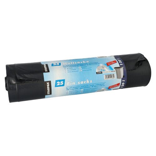 Um rolo com 25 sacos de lixo Starpak (LDPE, 120 l, 110 cm x 70 cm), cada um com etiqueta azul e branca com informações do produto e ilustrações de caixotes de lixo - ideal para a eliminação diária de resíduos.