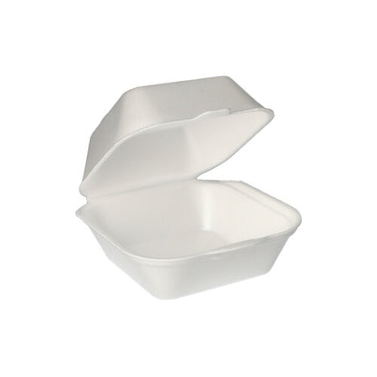 Uma caixa de hambúrguer Starpak XPS branca (7,5 x 12 x 12 cm) com tampa articulada, aberta diante de um fundo simples. A embalagem contém 100 caixas seladas a vácuo.