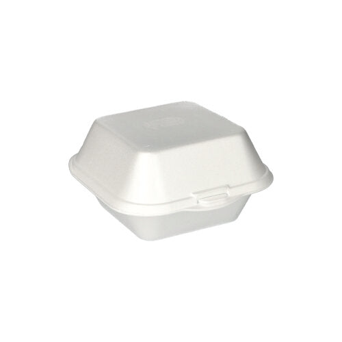 Um recipiente de alimentos Starpak 100 caixas de hambúrguer com tampa articulada (XPS, 7,5 x 12 x 12 cm, branco) está fechado diante de um fundo branco simples.