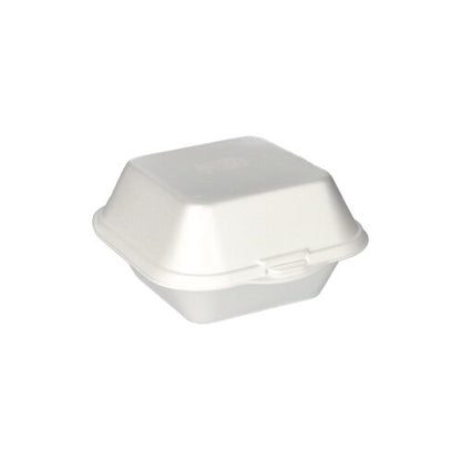 Um recipiente de alimentos Starpak 100 caixas de hambúrguer com tampa articulada (XPS, 7,5 x 12 x 12 cm, branco) está fechado diante de um fundo branco simples.