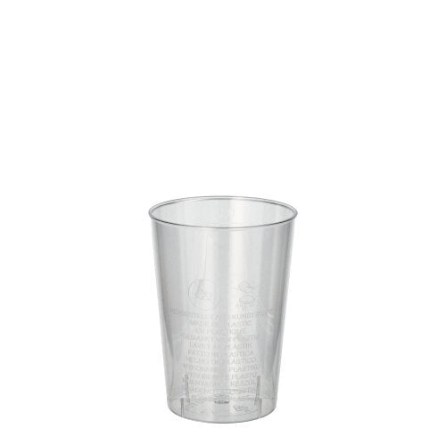 Um copo Starpak 40 transparente (PS, 0,1l, Ø 5,5cm · 7,5cm) está sobre um fundo branco. Na película retrátil, detalhes de texto leves são visíveis – ideal para festas e eventos (40 unidades).