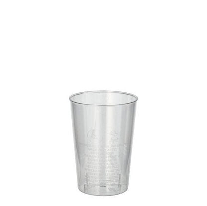 Um copo Starpak 40 transparente (PS, 0,1l, Ø 5,5cm · 7,5cm) está sobre um fundo branco. Na película retrátil, detalhes de texto leves são visíveis – ideal para festas e eventos (40 unidades).