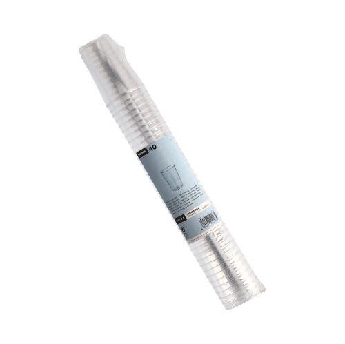 Uma pilha transparente com 40 copos Starpak (PS, 0,1 L, Ø5,5 x 7,5 cm), transparente e embalado em película retrátil com etiqueta azul – ideal para festas e eventos.