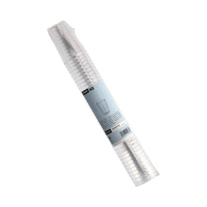 Uma pilha transparente com 40 copos Starpak (PS, 0,1 L, Ø5,5 x 7,5 cm), transparente e embalado em película retrátil com etiqueta azul – ideal para festas e eventos.