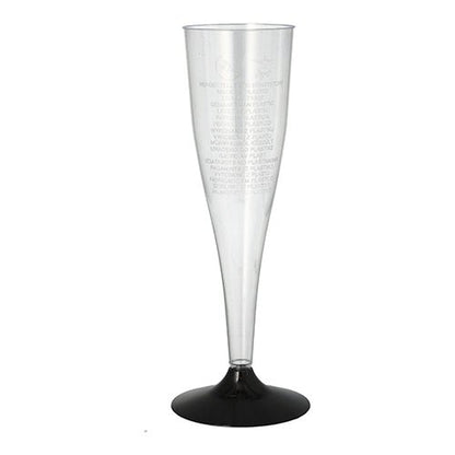 Um copo de pé de espumante Starpak claro (0,1 l, Ø 5 cm, 17,5 cm) de poliestireno com base preta está de pé sobre um fundo branco. A embalagem contém seis copos elegantes com texto vertical discreto na borda.