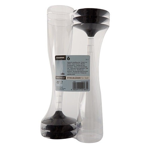 Um pacote de seis copos de pé Starpak para espumante (0,1 l, Ø 5 cm, 17,5 cm, transparente) de PS com base preta, empilhados e embalados em embalagem transparente com etiqueta de informações do produto.
