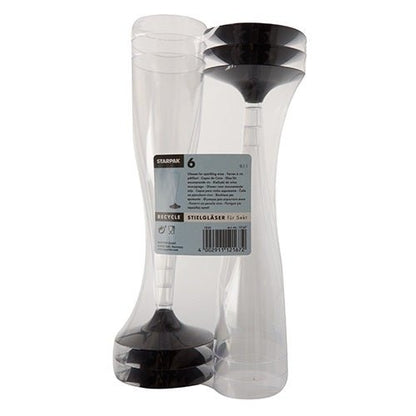 Um pacote de seis copos de pé Starpak para espumante (0,1 l, Ø 5 cm, 17,5 cm, transparente) de PS com base preta, empilhados e embalados em embalagem transparente com etiqueta de informações do produto.