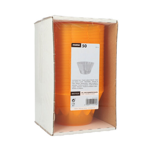Eine Packung mit 50 orangefarbenen Starpak PS-Eis- und Dessertschalen (500 ml, Ø 13 cm, Höhe 7,5 cm) ist in einer offenen Kartonschale gestapelt, auf deren Vorderseite ein weißes Etikett mit Produktdetails und Barcode angebracht ist.
