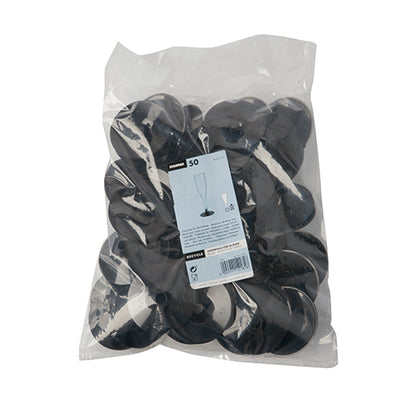 Um saco de plástico transparente contém 50 suportes inferiores Starpak pretos de PS (Ø 6,55 cm, altura 2,05 cm) para copos de haste. O rótulo mostra um copo com suporte, bem como informações sobre o produto e quantidade.