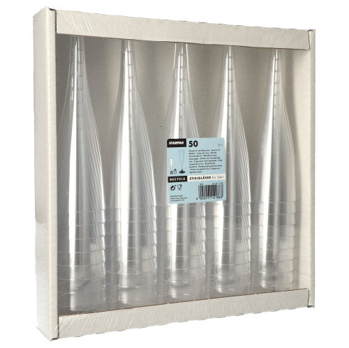 Uma embalagem com 50 copos de haste Starpak para espumante (PS, 0,1 l, Ø 5 cm, 17,5 cm) é apresentada em uma bandeja de papelão com frente transparente e rótulo central visível no design transparente.