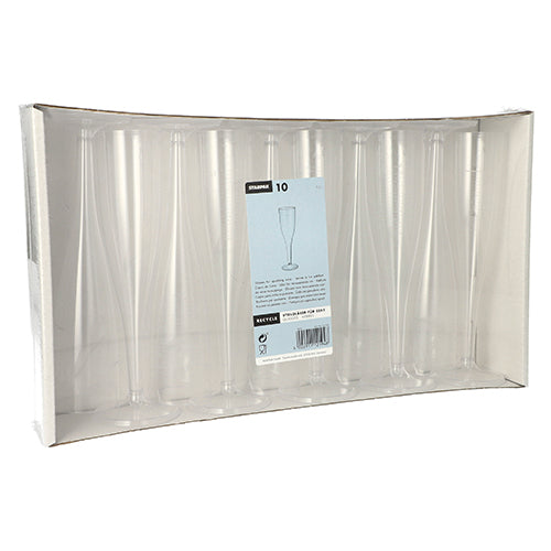 Os copos de pé Starpak 10 para champanhe (0,1 l, cristalinos, de peça única) são apresentados verticalmente numa bandeja de papelão transparente com uma etiqueta de produto central - perfeito para um consumo elegante de champanhe. A caixa contém 10 elegantes copos de plástico PS.