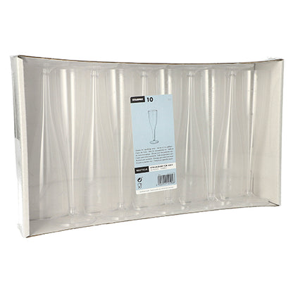 Os copos de pé Starpak 10 para champanhe (0,1 l, cristalinos, de peça única) são apresentados verticalmente numa bandeja de papelão transparente com uma etiqueta de produto central - perfeito para um consumo elegante de champanhe. A caixa contém 10 elegantes copos de plástico PS.