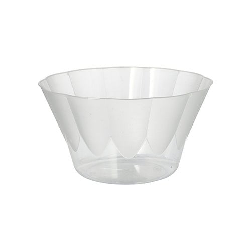 A taça de gelado e sobremesa Starpak de 400 ml em poliestireno transparente (Ø 12 cm, H 7 cm) do pacote de 20 impressiona com a sua borda ligeiramente alargada e aparência facetada - perfeita para sobremesas, apresentada sobre um fundo branco.