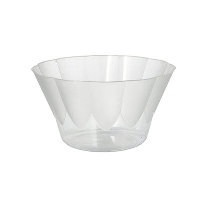 A taça de gelado e sobremesa Starpak de 400 ml em poliestireno transparente (Ø 12 cm, H 7 cm) do pacote de 20 impressiona com a sua borda ligeiramente alargada e aparência facetada - perfeita para sobremesas, apresentada sobre um fundo branco.