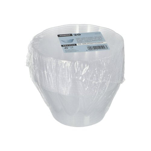 Uma pilha de 20 taças de sobremesa Starpak PS redondas transparentes (400 ml, Ø 12 cm, 7 cm) está embrulhada em película plástica e colocada numa bandeja de cartão com logotipo da marca. O fundo é simplesmente branco.