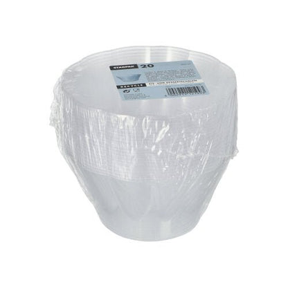 Uma pilha de 20 taças de sobremesa Starpak PS redondas transparentes (400 ml, Ø 12 cm, 7 cm) está embrulhada em película plástica e colocada numa bandeja de cartão com logotipo da marca. O fundo é simplesmente branco.