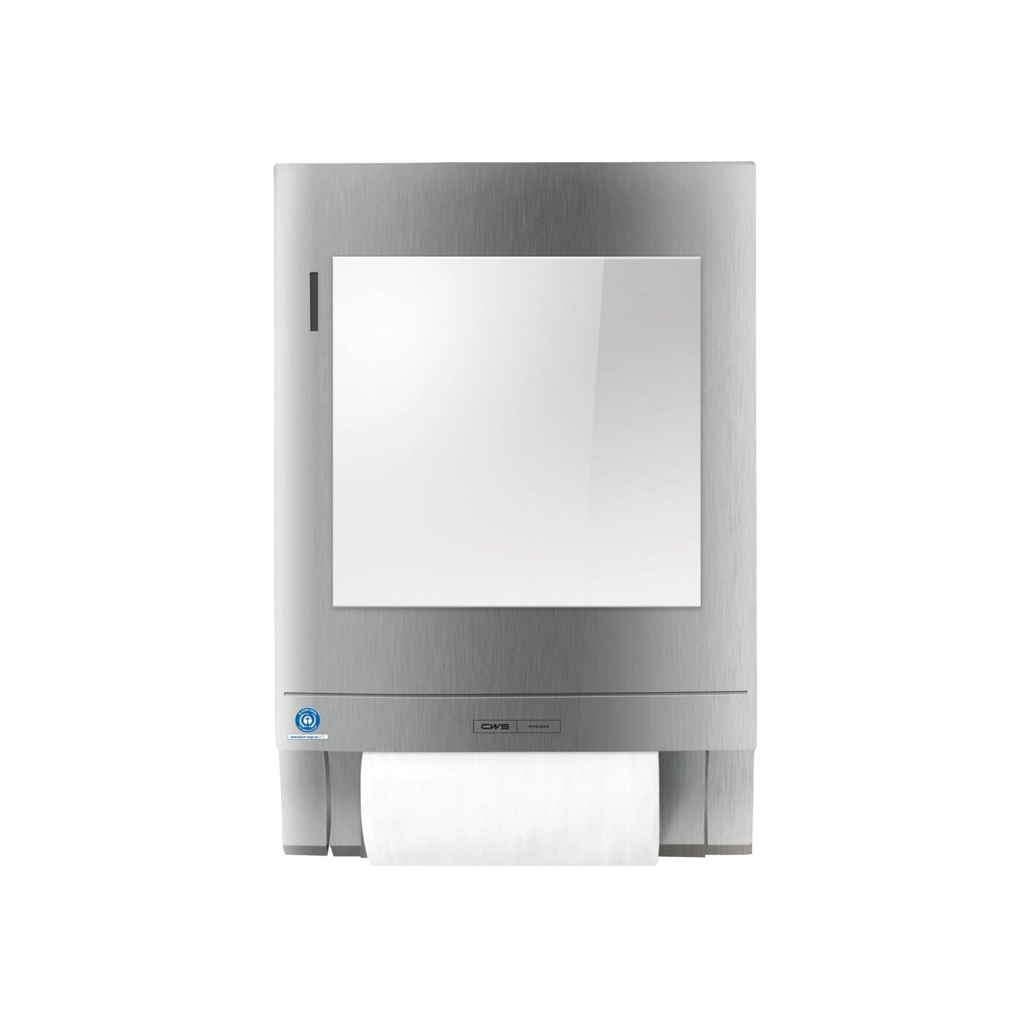 O CWS Spiegelaufsatz, projetado para - 4502000, é um dispensador de toalhas de papel em aço inoxidável com placa frontal refletora e rolo de papel visível na parte inferior, ilustrado em fundo branco.